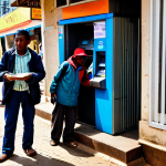 A male tourist, fully clothed in modest travel attire, cautiously withdrawing local currency from a bank ATM in a well-lit, bustling street in Antananarivo, Madagascar. In the background, fully clothed local residents in appropriate attire move about, with street vendors displaying their wares. The scene captures the authentic daily life and the careful nature of financial transactions. Professional photography, natural pose, perfect anatomy, correct proportions, well-formed hands, proper finger count, natural body proportions, safe for work, appropriate content, family-friendly.