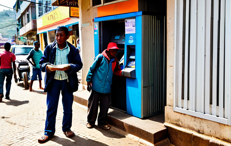 A male tourist, fully clothed in modest travel attire, cautiously withdrawing local currency from a bank ATM in a well-lit, bustling street in Antananarivo, Madagascar. In the background, fully clothed local residents in appropriate attire move about, with street vendors displaying their wares. The scene captures the authentic daily life and the careful nature of financial transactions. Professional photography, natural pose, perfect anatomy, correct proportions, well-formed hands, proper finger count, natural body proportions, safe for work, appropriate content, family-friendly.